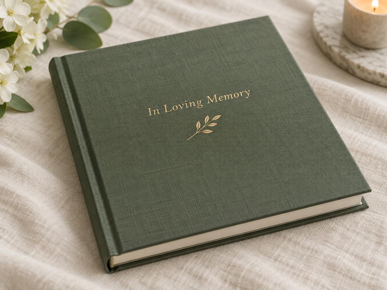 A hardcover memorial book with a sage green cloth cover and gold foil lettering